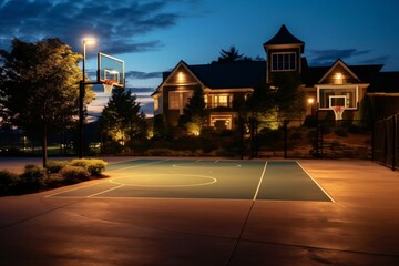 Fototapeta na wymiar An illuminated outdoor basketball court under the night sky, Generative Ai