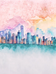 illustrazione generative ai con veduta di panorama cittadino, sagome di edifici, palazzi, case, uffici, realizzazione con colori ad acqua in tinte pastello su carta ruvida