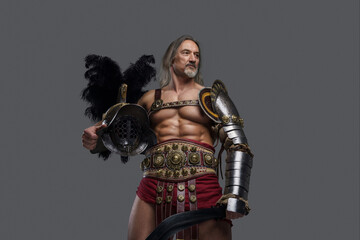 This regal, aged gladiator exudes strength and dignity in sleek, lightweight armor, holding a...