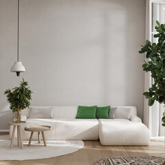 White and green living room interior with couch, plant and empty wall, 3d render