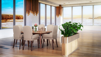 Conception of a Modern Outlook Restaurant in Natural Interior Design - 3D Visualization