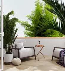 Fototapeta premium Balcony or veranda in a modern house or apartment with cozy armchair and plant, 3d rendering