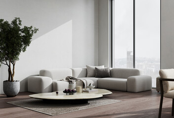 Stylish living room interior with gray sofa mock up, modern interior background, empty gray wall mockup, 3d illustration - obrazy, fototapety, plakaty