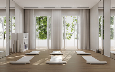 Stylish yoga class interior with sport equipment and panoramic window, 3d rendering