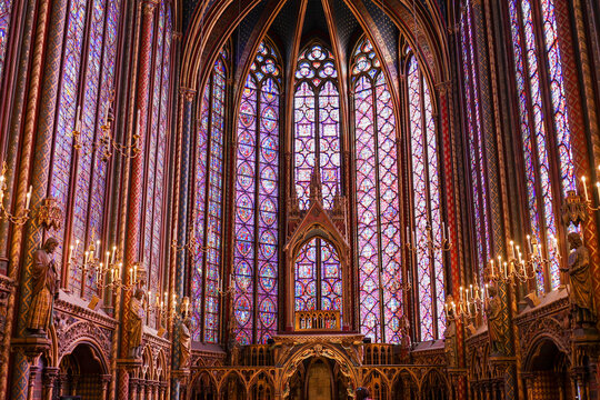 PARIS, FRANCE - OCTOBER 26, 2022: Interior View of Sainte-Chapelle, a Gothic Style Royal Chapel in the Centre of Paris.