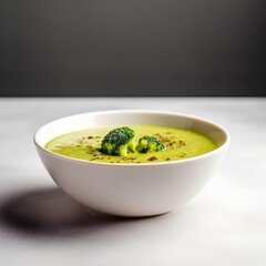 Simple and creamy and chunky broccoli soup on a white bowl on a white Carrara table on a background minimalist