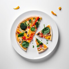 view from the top homemade veggie pizza slices on a white plate and white background