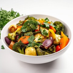 Simple and easy recipe idea of roasted vegetable meal served on a white bowl a healhty organic natural meal