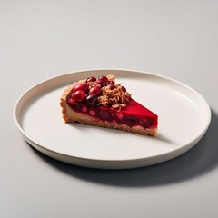 A delicious slice of vegan cranberry tart with pecan nuts on a white plate