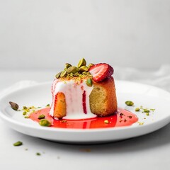 Simple white background of delicious vegan Coconut Milk Cake with Pistachios and Whipped Coconut Cream and Strawberry Glaze
