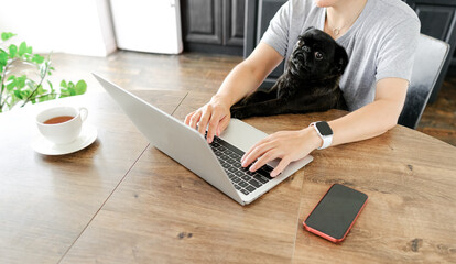 female freelancer working on laptop from her home and having her pet dog in her lap to keep her...