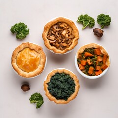 Bowls of several small pies Mushroom pie Kale pie, and Chestnut Pies on a white background 