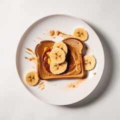 View from the top of  peanut butter on a white plate with slice bananas for a delicious healhty breakfast or snack