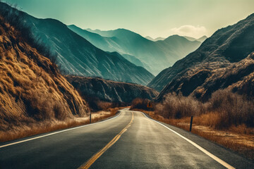In mountainous environments with mountains; You can see a remote highway from the car driving