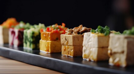 Zoom view of tofu snack bar served at a restaurant with different topping flavors