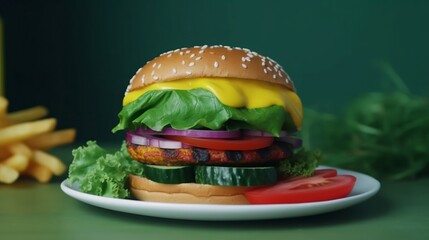 Veggie burger with many vegetables, cheese, tomatoes, lettuce, spinach, cucumber, pickles, carrots, peppers, onions, spinach, bun