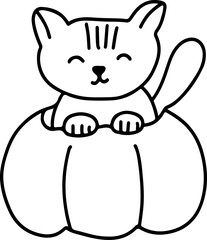 Cute doodle halloween cat in pumpkin. Simple coloring card holidays design element, nursing