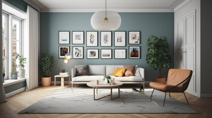Fototapeta premium A modern living room with Scandinavian minimalism. Clean-lined sofa in a light neutral tone, a set of minimalist side tables, and a statement rug with bold colors. Generative AI