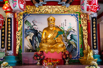 Guan Yu or San Chao Rong Thong Chinese Shrine for thai people travelers travel visit and respect praying blessing angel deity god buddha at Wiset Chai Chan city on May 28, 2023 in Ang Thong, Thailand