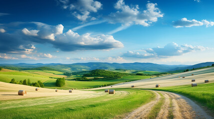 Naklejka premium Summer panoramic natural landscape. Wide panorama of countryside with serpentine road and green meadows and forests on hills with beautiful lighting