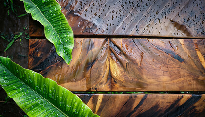Enchanting Nature's Tapestry: Closeup of Green Leaves and Water Drops on Wooden Plank | AI-Generated Stock Photography