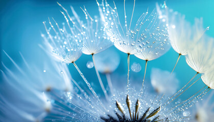 Whimsical Dance: Blue Water Drops on Dandelion Design | AI-Generated Illustration