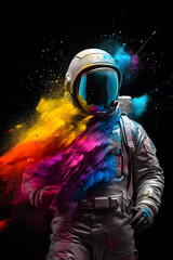 cosmonaut in front of colors of rainbow powder explosion ,generative ai