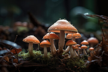 A group of small mushrooms growing on the forest floor and grass