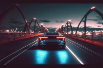 Cyber neon driving green power sport car with hybrid technology automotive in futuristic. Concept of light glowing on dark city view in night life. Finest generative AI. - obrazy, fototapety, plakaty
