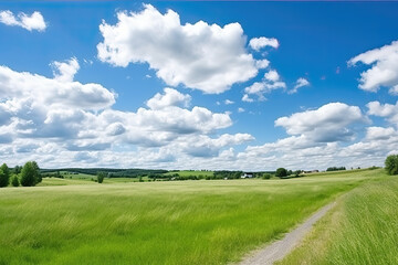 Fototapeta na wymiar Green Farm Skyline under the blue sky and white clouds