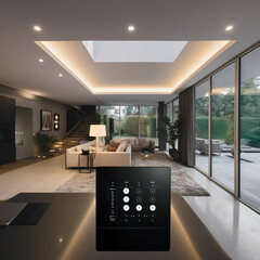 Smart home secured automation with wifi technology, Hand using smartphone as house mobile monitor such as camera, people and smart home concept