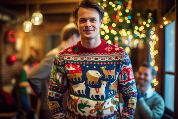 man in funny and ugly Christmas sweater - obrazy, fototapety, plakaty