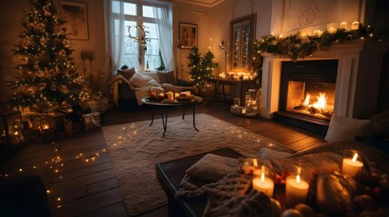 fireplace with christmas decorations generative art - obrazy, fototapety, plakaty