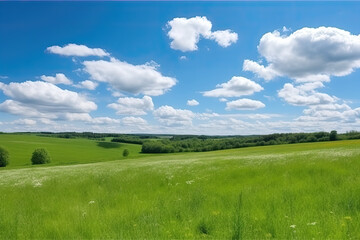 Obraz premium Green Farm Skyline under the blue sky and white clouds