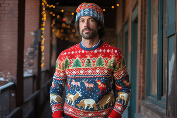 Fototapeta premium man in funny and ugly Christmas sweater