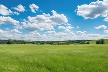Obraz premium Green Farm Skyline under the blue sky and white clouds