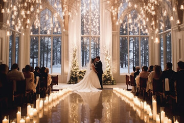 Young couple, bride and groom at a wedding with beautiful lights around
