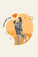 Photo collage artwork of carefree excited lady guy celebrating 14 february together isolated graphical background