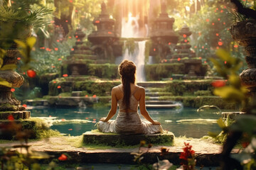 illustration of meditation of young girl in magic tropical forest