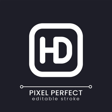 HD format pixel perfect white linear ui icon for dark theme. Video production. Screen resolution. High definition. Vector line pictogram. Isolated user interface symbol for night mode. Editable stroke