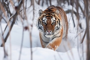 Fototapeta na wymiar A majestic Amur tiger in its natural winter habitat, Generative Ai