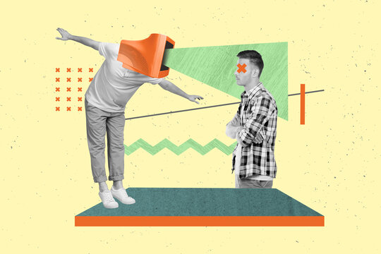 Creative banner poster collage design of folded hands confident stressed man watching computer propaganda isolated on green background