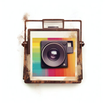 Colorful old polaroid photo camera. Generative AI.