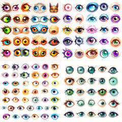 Mega bundle of cartoon eyes on white isolated background. Generative AI.