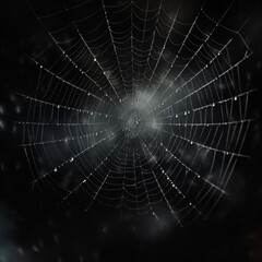 Realistic spider net on black background. Generative AI.