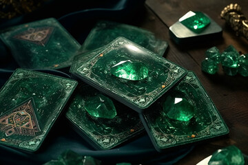 emerald colored tarot cards on the table, close up view
