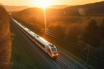 In the background of dusk, high -speed fast train passenger locomotives are in the field of speed movement