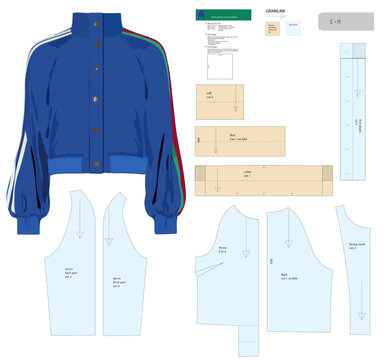 Women's sport jacket sewing pattern in sizes S-M. Includes front, back, waistband, raglan sleeves, collar, and cuffs. Slim fit with an elastic waistband and collar.