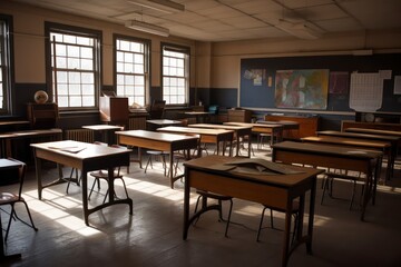 Photo classroom with school desks and greenboardempty school classroom. Generative AI