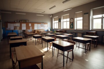 Photo classroom with school desks and greenboardempty school classroom. Generative AI